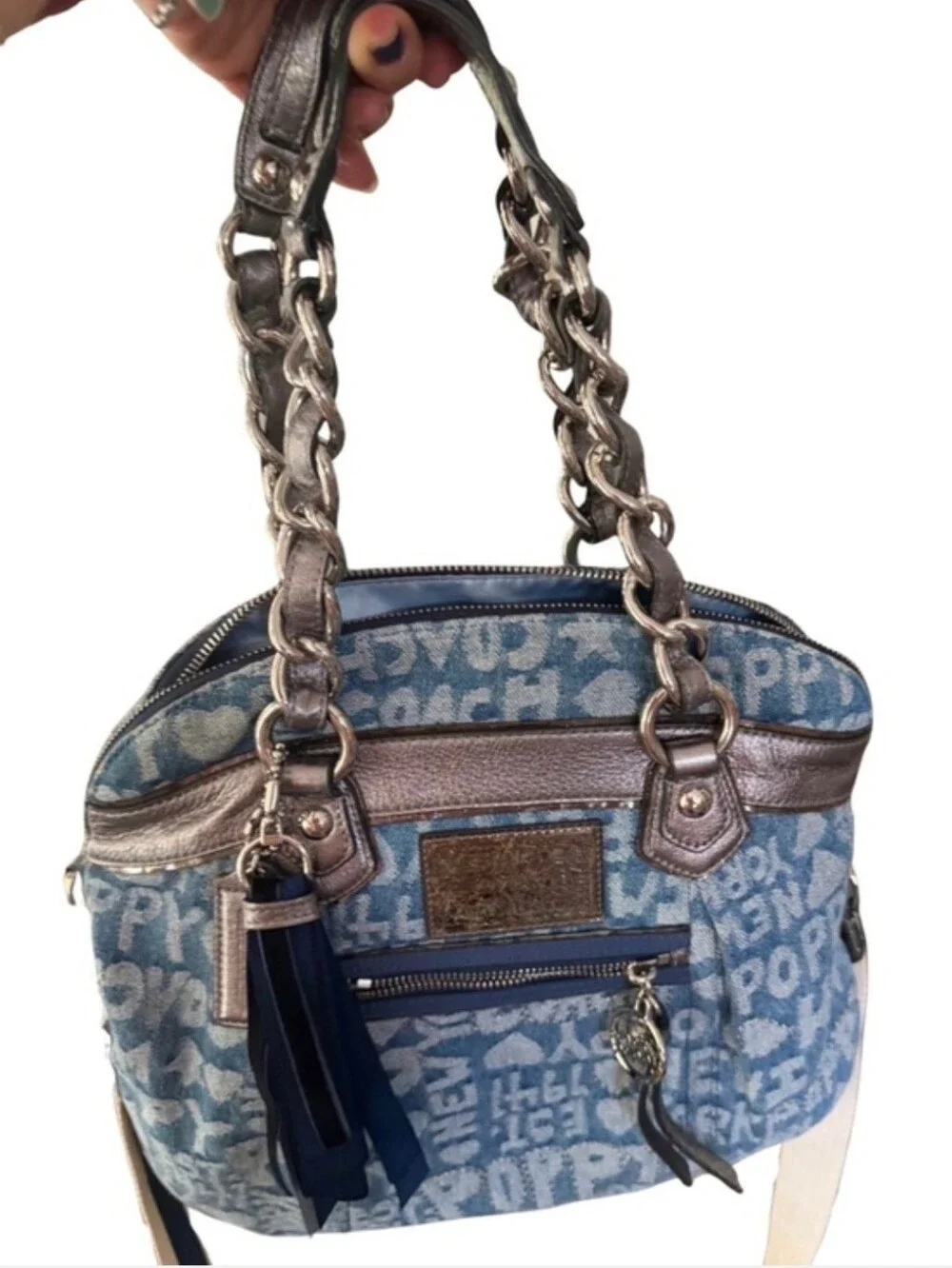Coach Poppy Wordblock Denim Chain Shoulder Crossbody Tote Bag